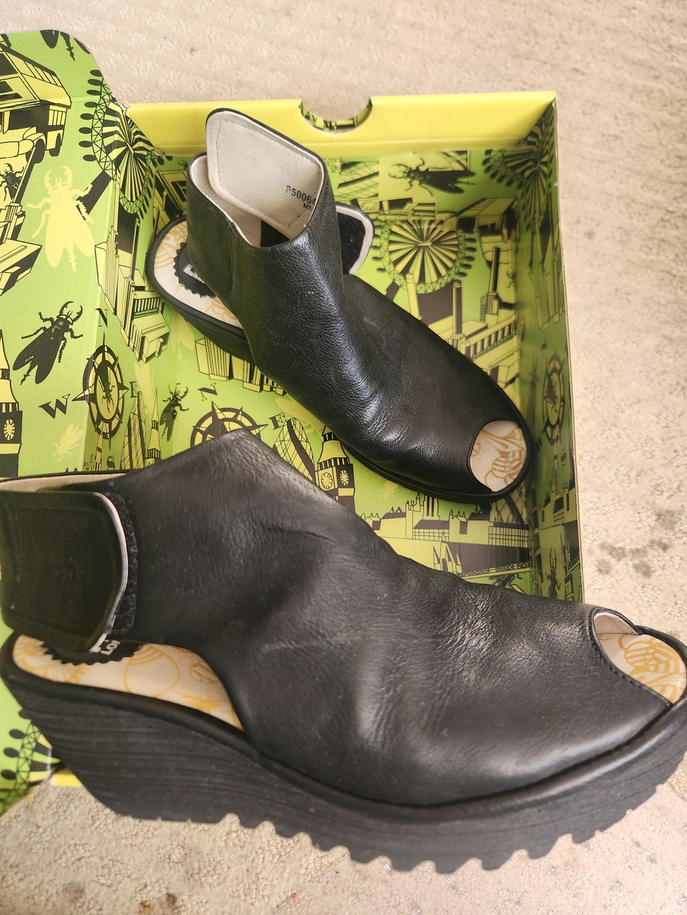 Black Leather Women’s Peep-Toe Wedge Sandals